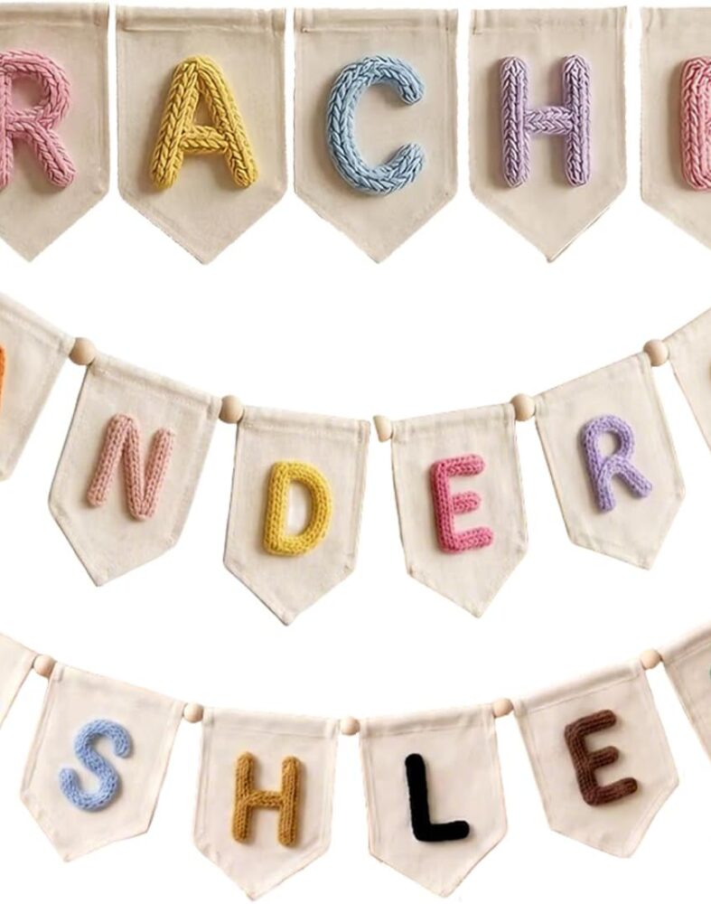 Personalized Canvas Bunting Banner with Name, Custom Yarn Letter Canvas Banner Wall Decoration Nursery Garland for Newborn, Boys Girls