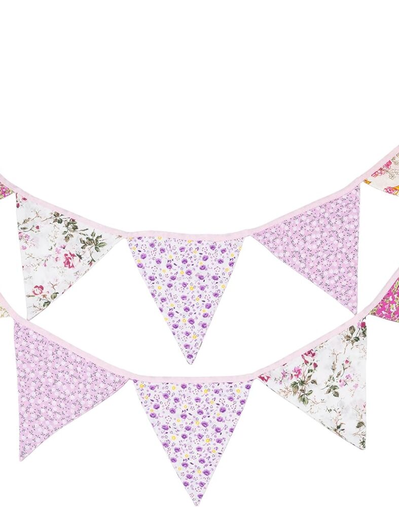 LOVENJOY Pink Floral 100% Cotton Bunting Banner for Girls Shabby Chic Wedding Birthday Decoration