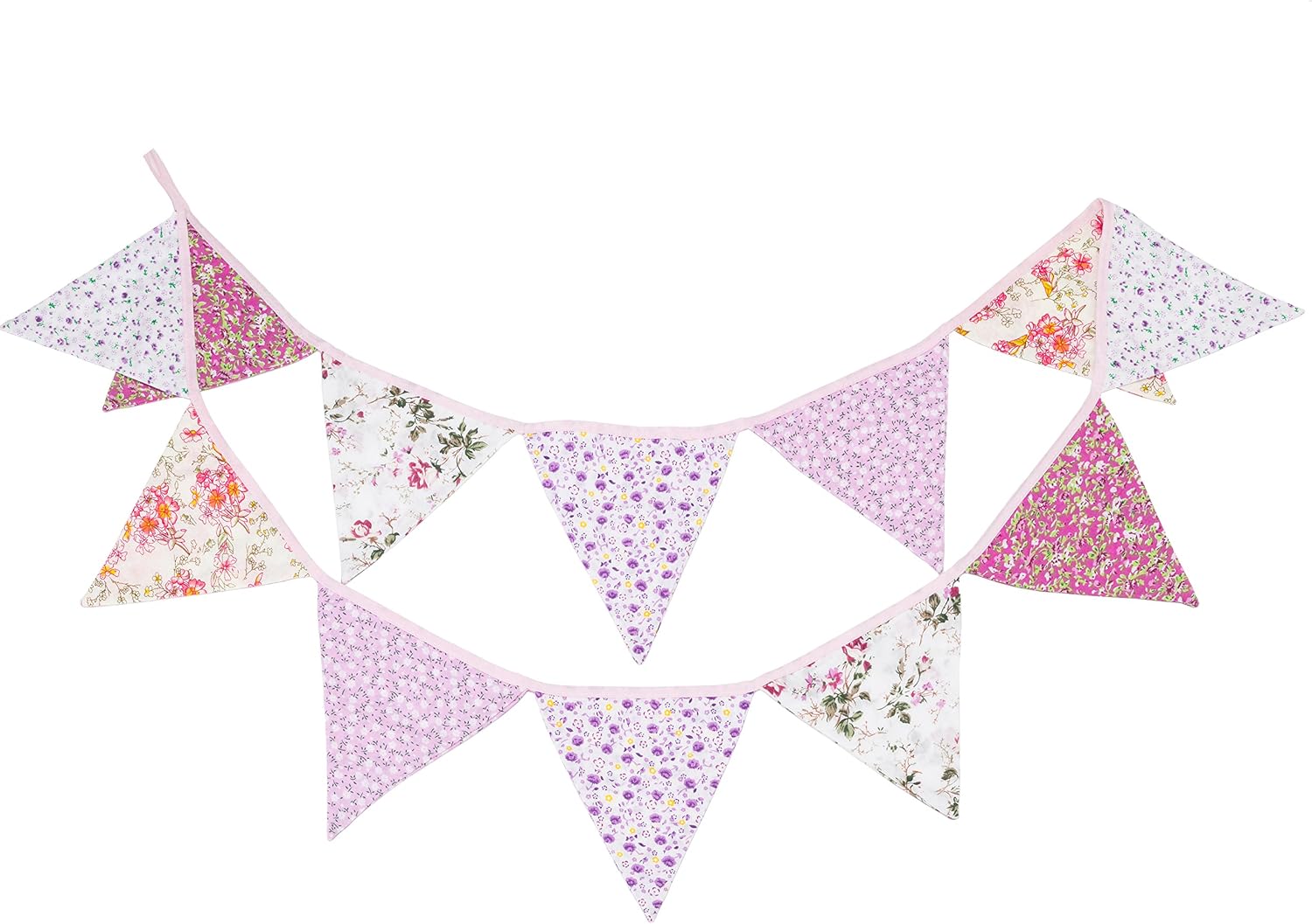 LOVENJOY Pink Floral 100% Cotton Bunting Banner for Girls Shabby Chic Wedding Birthday Decoration