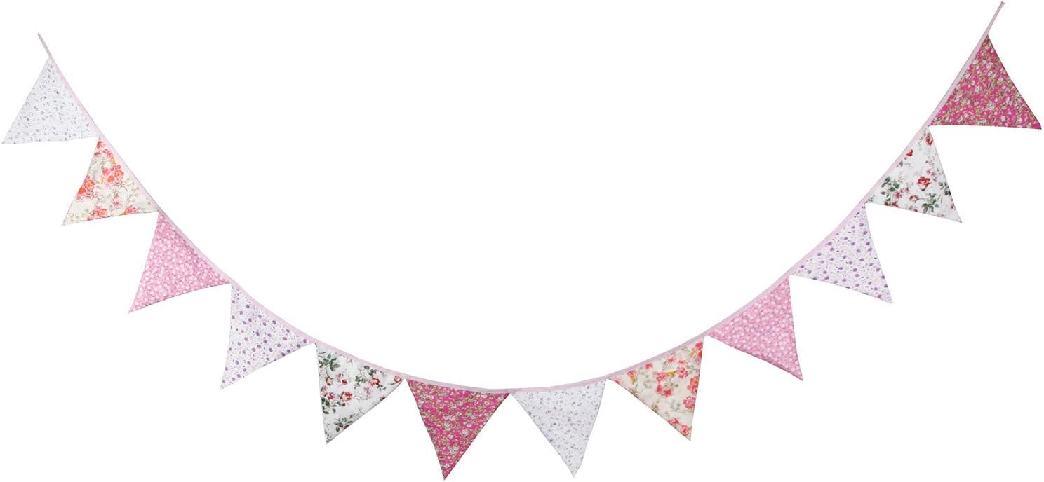 LOVENJOY Pink Floral 100% Cotton Bunting Banner for Girls Shabby Chic Wedding Birthday Decoration - Image 2