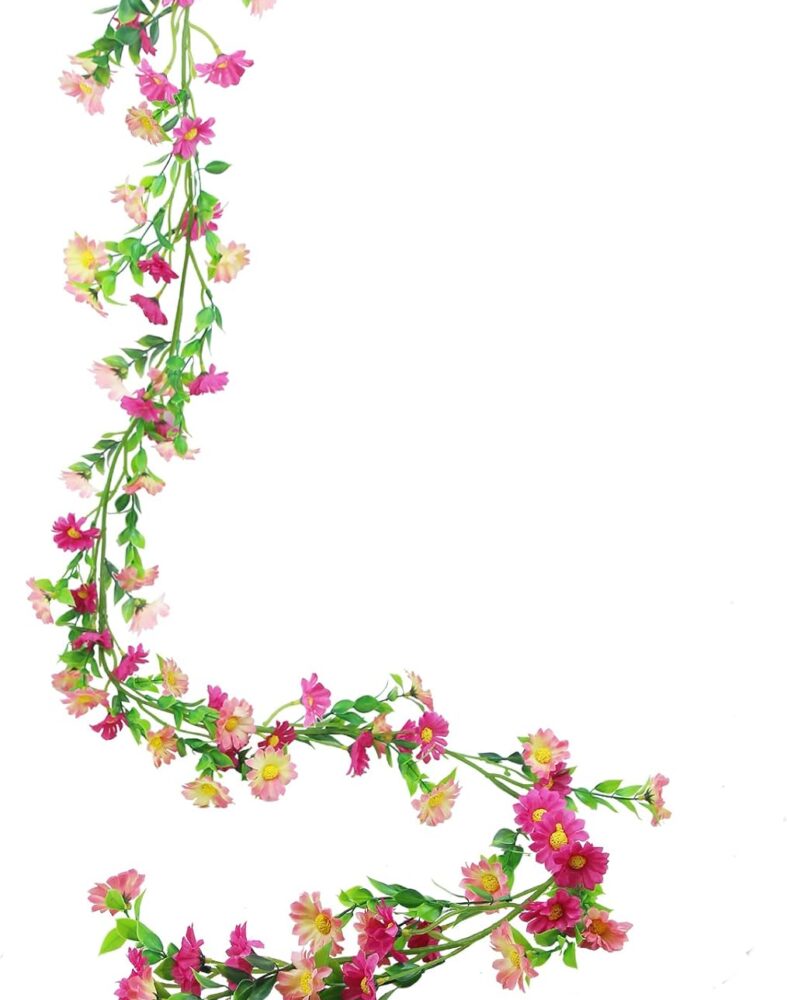 CISDUEO Artificial Daisy Flowers Vine Silk Flower Garland Spring Fake Flower Vine Hanging Ivy with Pink Daisy Flowers Green Leaves for Wall Party Wedding Arch Floral Decor Home Indoor Outdoor Ceremony