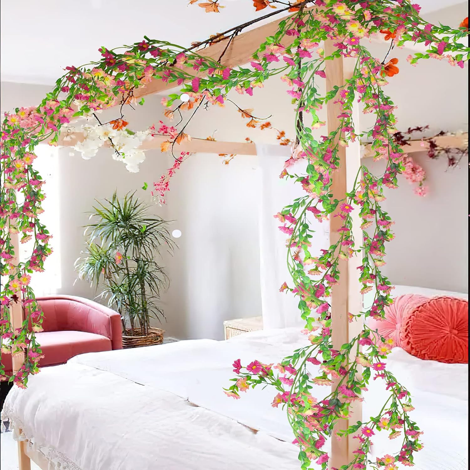 CISDUEO Artificial Daisy Flowers Vine Silk Flower Garland Spring Fake Flower Vine Hanging Ivy with Pink Daisy Flowers Green Leaves for Wall Party Wedding Arch Floral Decor Home Indoor Outdoor Ceremony - Image 2