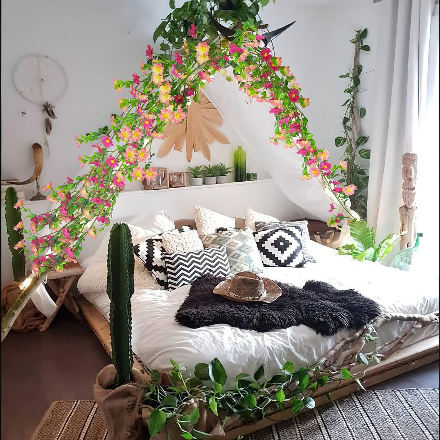 CISDUEO Artificial Daisy Flowers Vine Silk Flower Garland Spring Fake Flower Vine Hanging Ivy with Pink Daisy Flowers Green Leaves for Wall Party Wedding Arch Floral Decor Home Indoor Outdoor Ceremony - Image 3