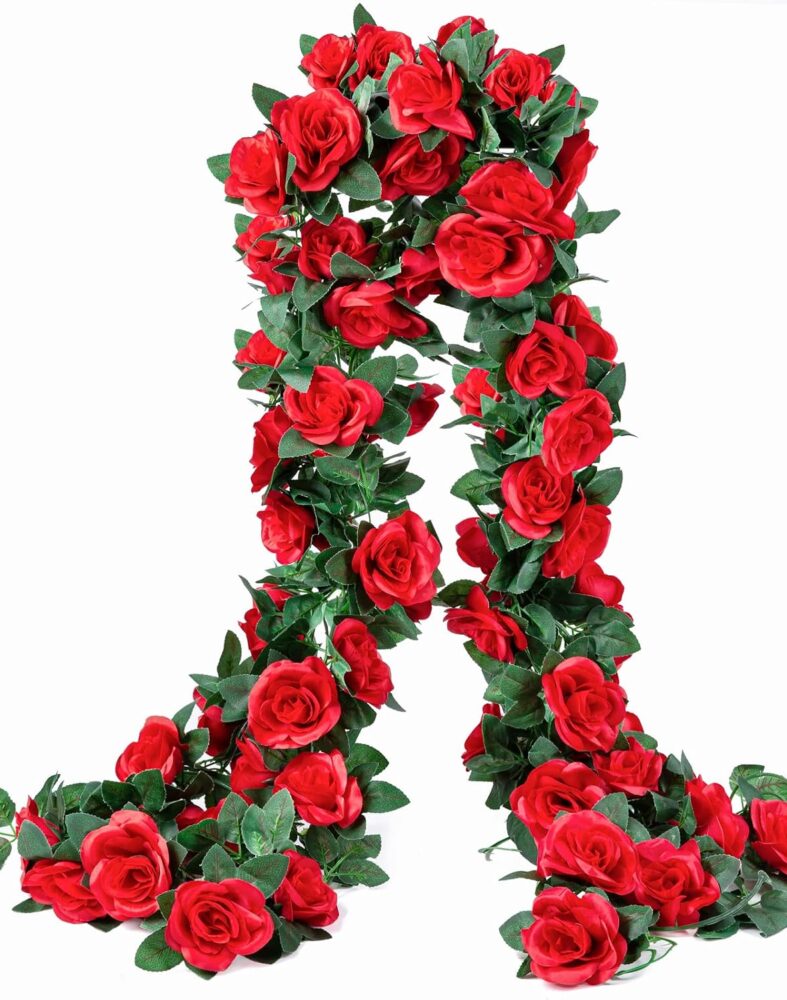 2 Pack Artificial Rose Vine Fake Flowers Garland, Red, 16FT | Hanging Silk Rose Ivy Plants Vine for Mother's Day Wedding Arch Party Garden Wall Aesthetic Art Décor