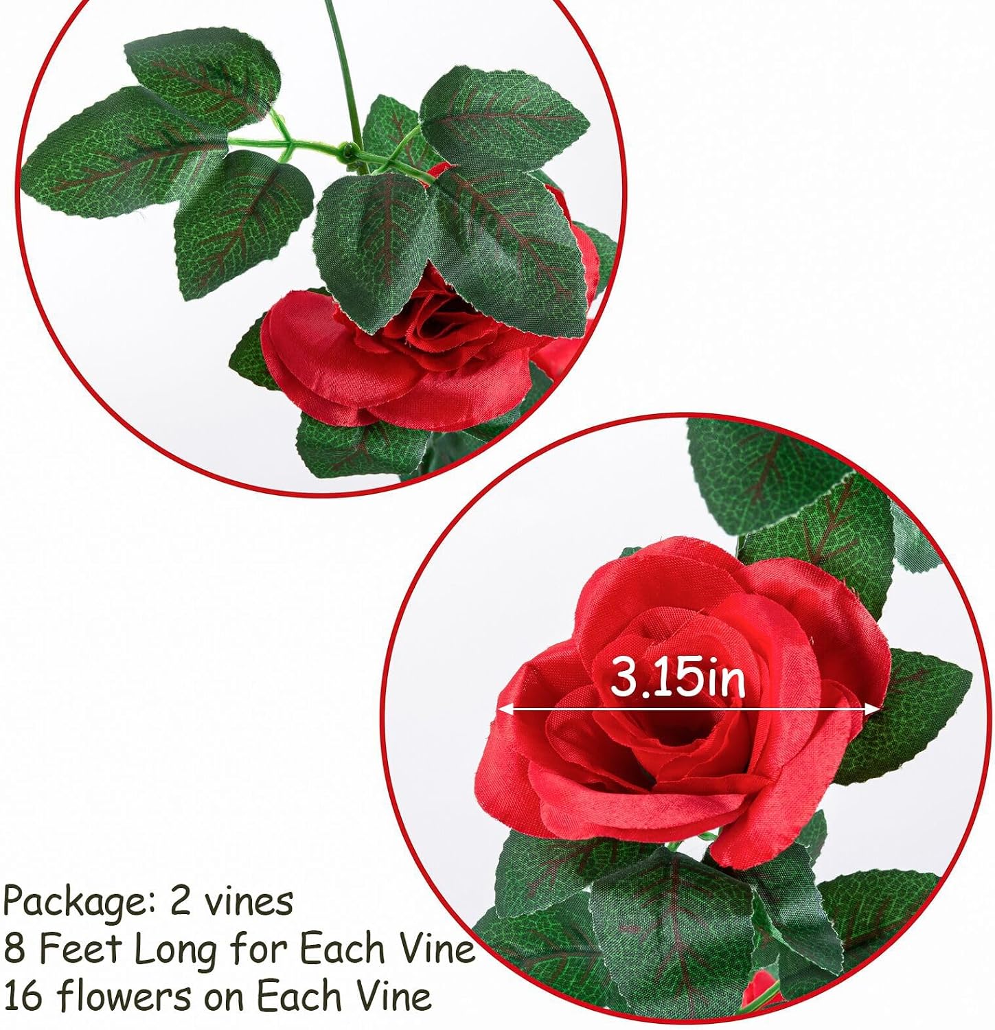 2 Pack Artificial Rose Vine Fake Flowers Garland, Red, 16FT | Hanging Silk Rose Ivy Plants Vine for Mother's Day Wedding Arch Party Garden Wall Aesthetic Art Décor - Image 3