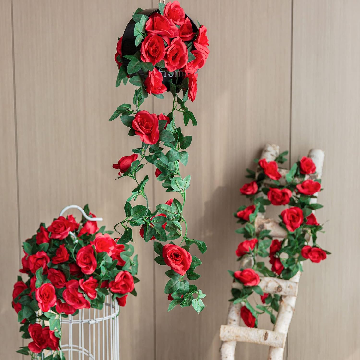 2 Pack Artificial Rose Vine Fake Flowers Garland, Red, 16FT | Hanging Silk Rose Ivy Plants Vine for Mother's Day Wedding Arch Party Garden Wall Aesthetic Art Décor - Image 4