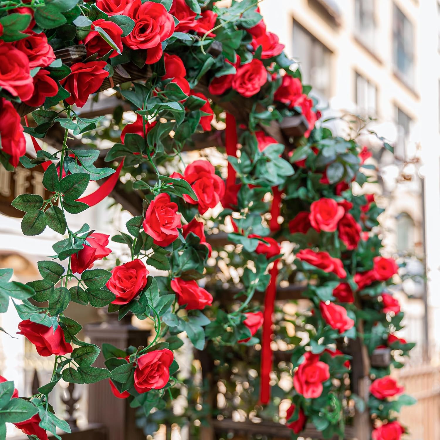 2 Pack Artificial Rose Vine Fake Flowers Garland, Red, 16FT | Hanging Silk Rose Ivy Plants Vine for Mother's Day Wedding Arch Party Garden Wall Aesthetic Art Décor - Image 5