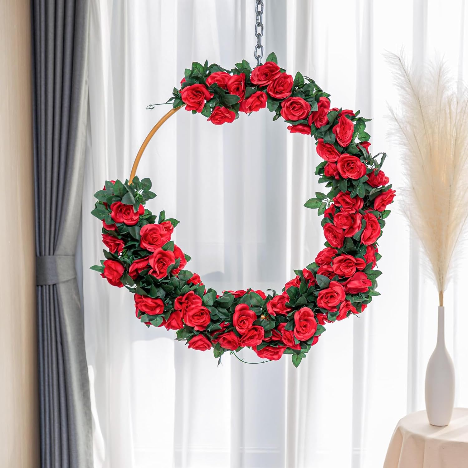 2 Pack Artificial Rose Vine Fake Flowers Garland, Red, 16FT | Hanging Silk Rose Ivy Plants Vine for Mother's Day Wedding Arch Party Garden Wall Aesthetic Art Décor - Image 7