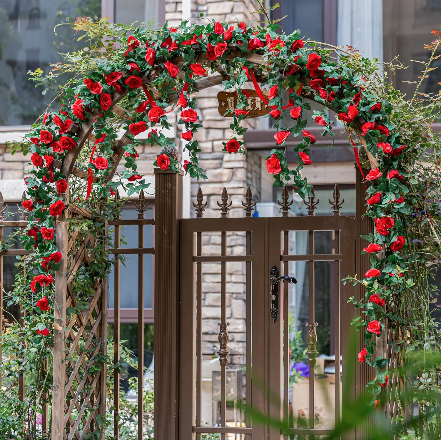 2 Pack Artificial Rose Vine Fake Flowers Garland, Red, 16FT | Hanging Silk Rose Ivy Plants Vine for Mother's Day Wedding Arch Party Garden Wall Aesthetic Art Décor - Image 8