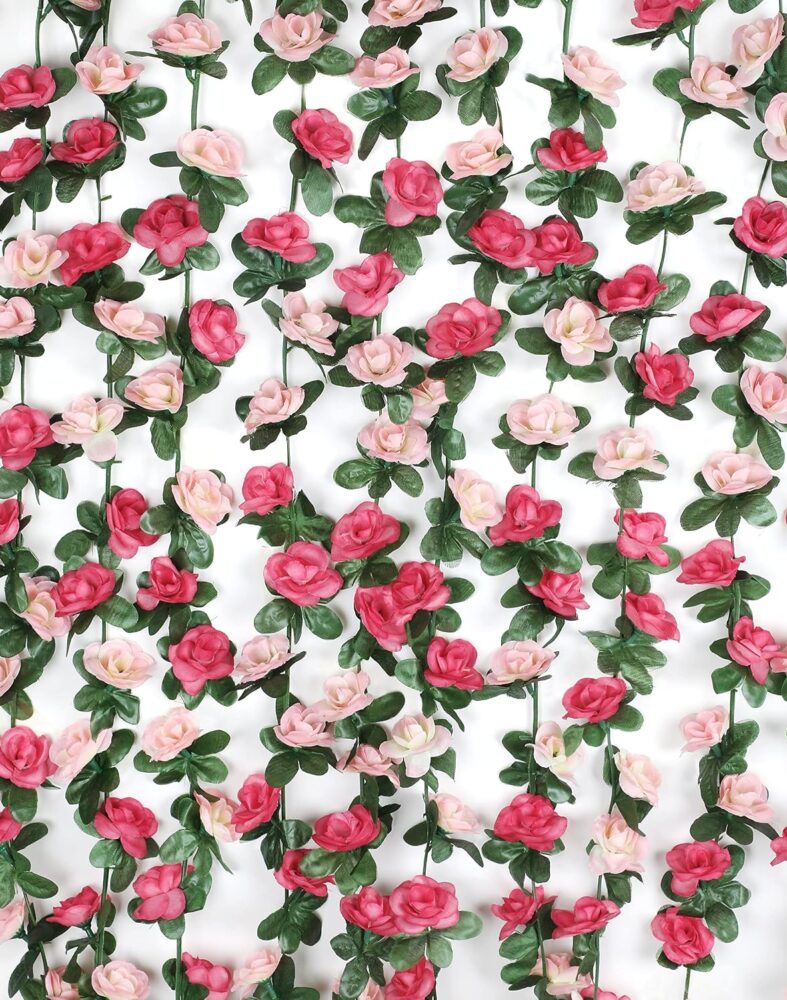 BLEUM CADE 2Pcs 16.4Ft Fake Flower Garland Artificial Rose Vines | Pink Faux Flower Vines, Hanging Artificial Floral Garland Decorations for Wedding Arch Party Wall Mantle Room Decor
