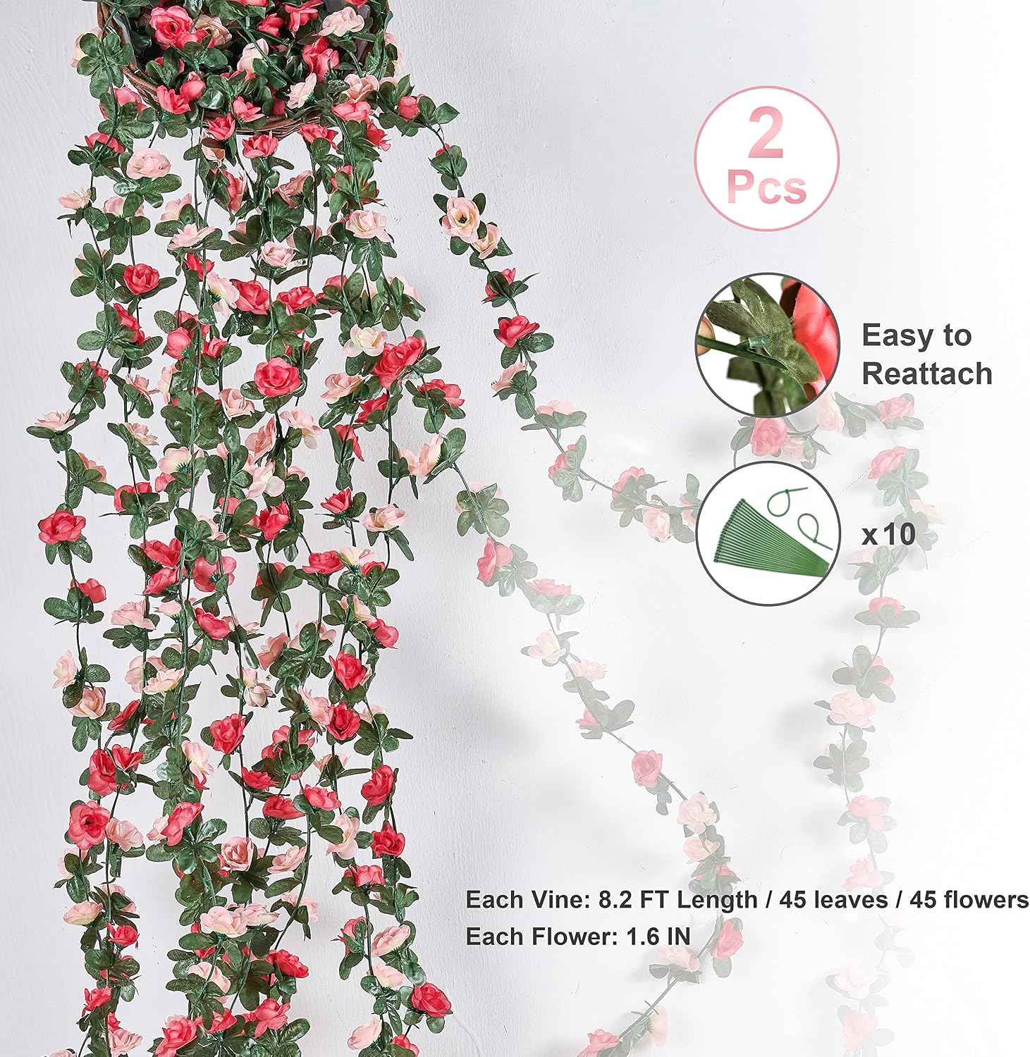 BLEUM CADE 2Pcs 16.4Ft Fake Flower Garland Artificial Rose Vines | Pink Faux Flower Vines, Hanging Artificial Floral Garland Decorations for Wedding Arch Party Wall Mantle Room Decor - Image 2