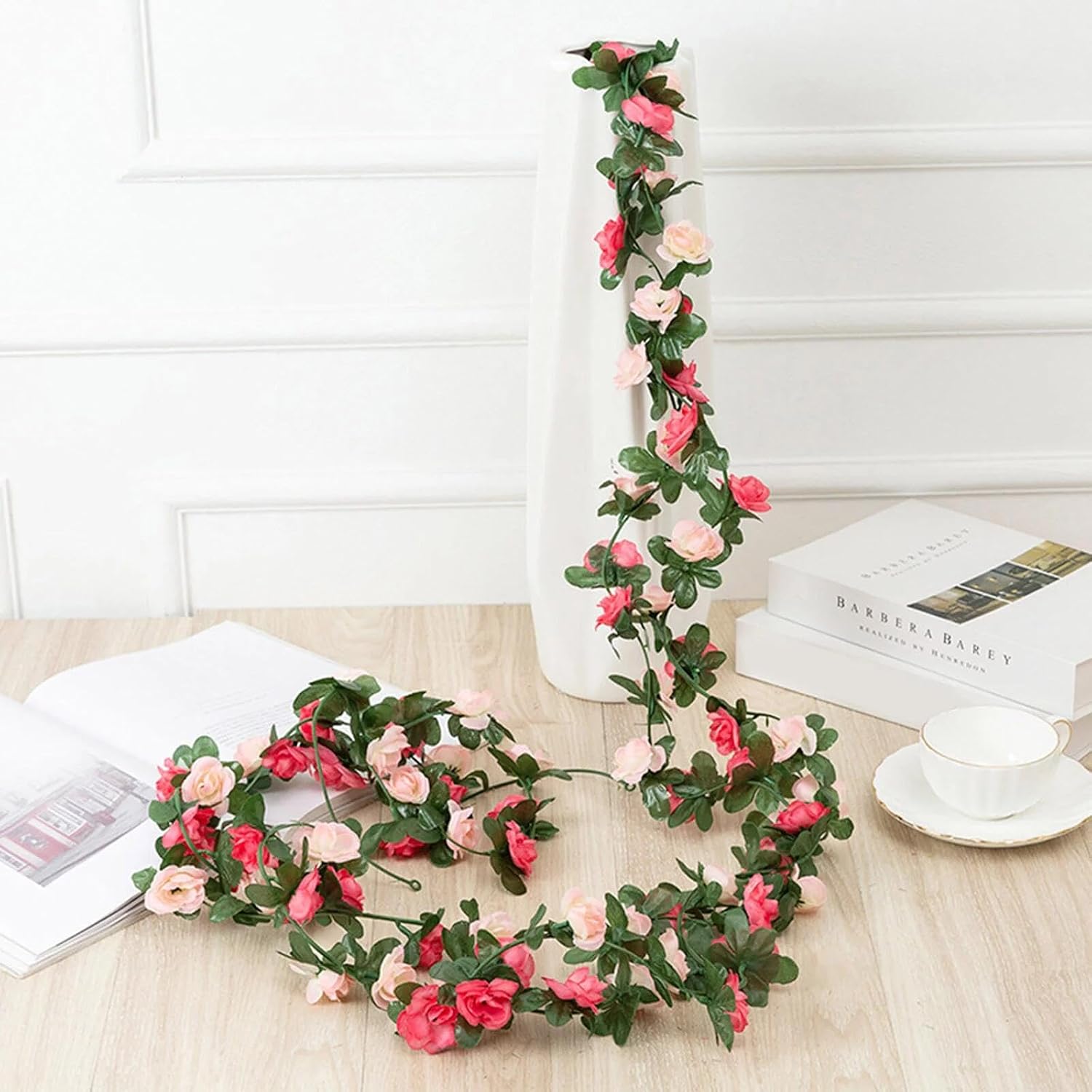 BLEUM CADE 2Pcs 16.4Ft Fake Flower Garland Artificial Rose Vines | Pink Faux Flower Vines, Hanging Artificial Floral Garland Decorations for Wedding Arch Party Wall Mantle Room Decor - Image 5