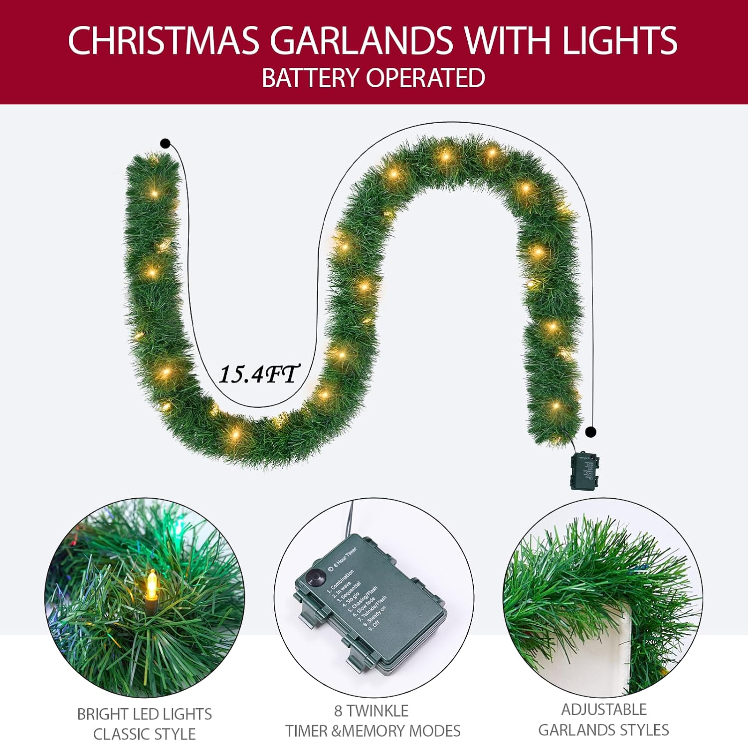 WEMADE 15.4ft Pre-Lit Christmas Garland with Lights – 50 LED Lighted Garlands for Christmas Decorations Indoor Outdoor, Battery Operated 8 Modes Memory Timer for Mantel Stair Banister Doorframe Décor - Image 2