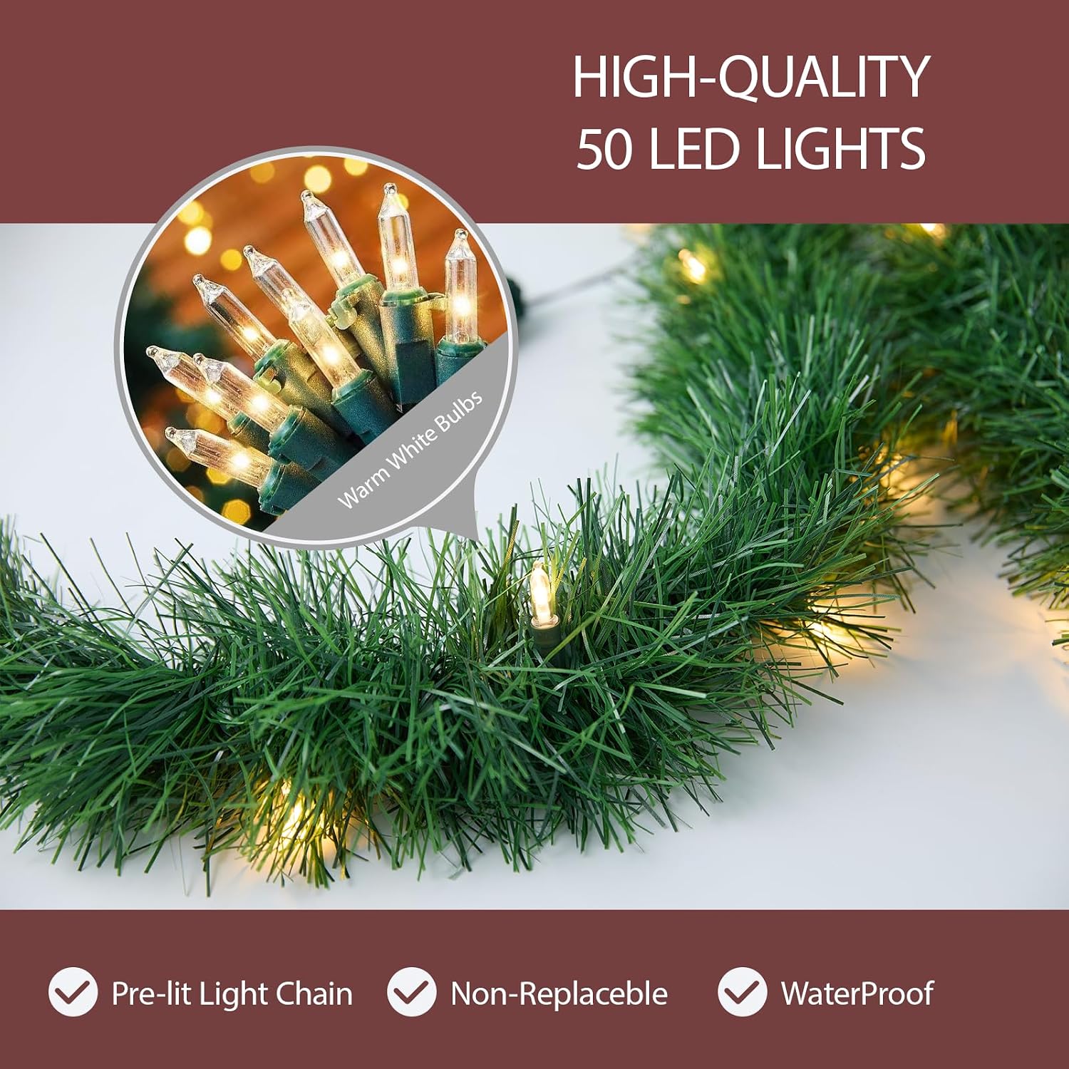 WEMADE 15.4ft Pre-Lit Christmas Garland with Lights – 50 LED Lighted Garlands for Christmas Decorations Indoor Outdoor, Battery Operated 8 Modes Memory Timer for Mantel Stair Banister Doorframe Décor - Image 3