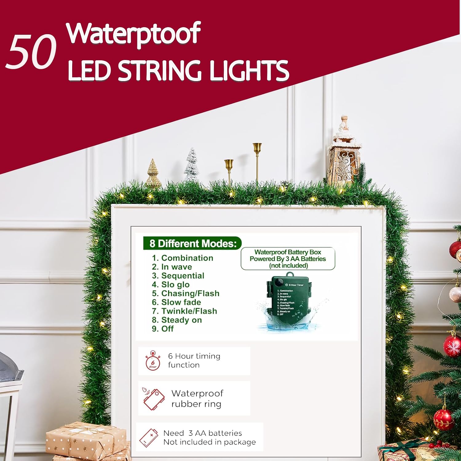 WEMADE 15.4ft Pre-Lit Christmas Garland with Lights – 50 LED Lighted Garlands for Christmas Decorations Indoor Outdoor, Battery Operated 8 Modes Memory Timer for Mantel Stair Banister Doorframe Décor - Image 4