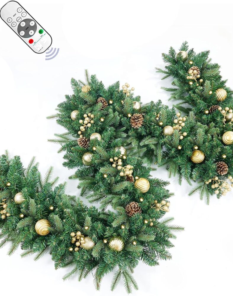 9FT Pre-Lit Artificial Christmas Garland with Dual Color LED Lights and Timer by Remote Control and Batteries Operated, Holiday Decorations, for Indoor Door Home Stairs Fireplaces Wall